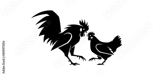 Black silhouette of rooster and hen walking together