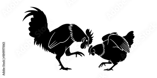 Black silhouette of a rooster and a hen facing each other, farm birds vector