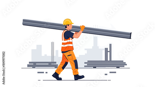 Construction worker carrying heavy steel beam on shoulder.