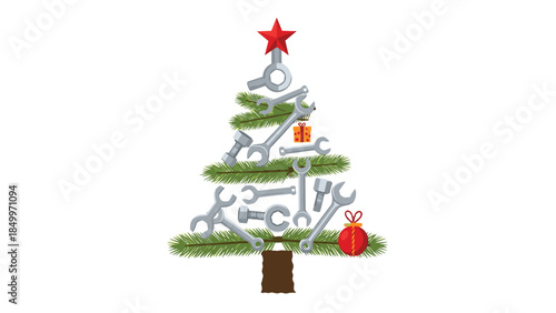 Creative christmas tree illustration composed of various metal tools and festive ornaments brings a unique industrial holiday spirit.