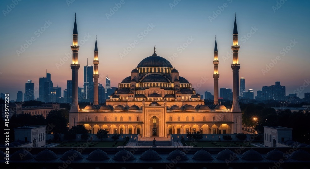 Obraz premium Mosque at dawn, illuminated by golden light, with cityscape