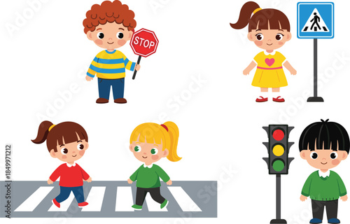 Cute, cartoon children learning road safety rules with traffic light crosswalk stop sign pedestrian crossing illustration for kids education poster design concept vector school