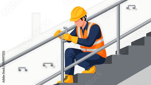 Construction worker installing handrail on stairs safety equipment.