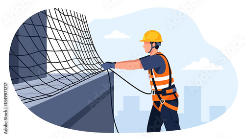Construction worker installing safety net at height.