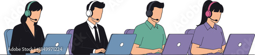 Customer support team working online with headsets and laptops, modern call center operators illustration for business service, remote communication, technology, teamwork concept digital workspace