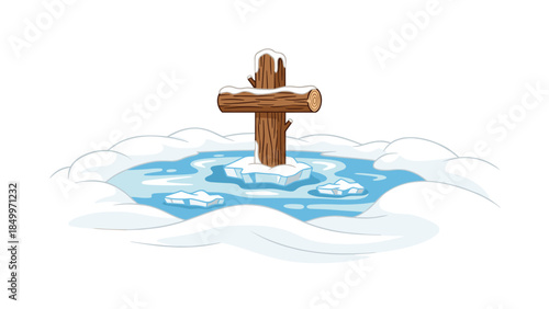 A rustic wooden cross stands prominently in a frozen landscape with icy water and snowdrifts, symbolizing faith and resilience.