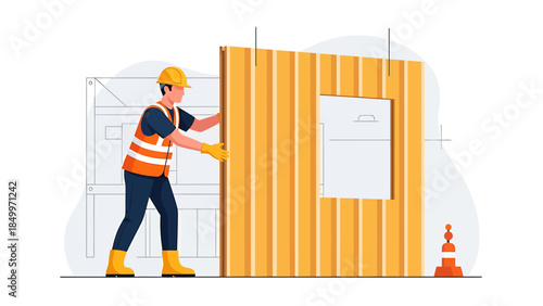 Construction worker installing wooden wall panel with window opening.