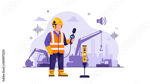 Construction worker measuring noise levels with sound meter.