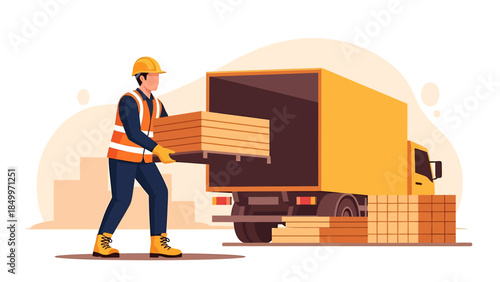 Construction worker loading lumber onto a truck.
