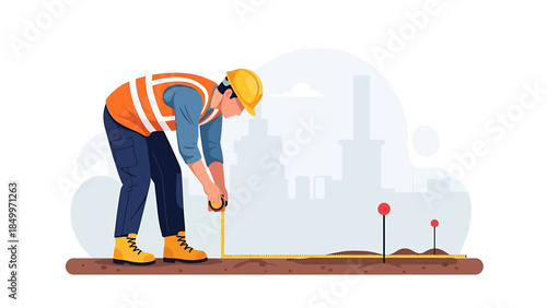 Construction worker measuring ground with tape measure.