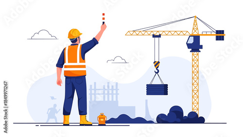 Construction worker operating a crane with a load.