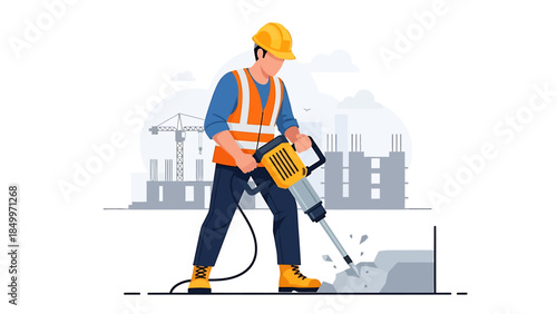 Construction worker operating a jackhammer on a site.