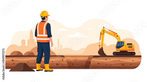 Construction worker overseeing excavator at building site.