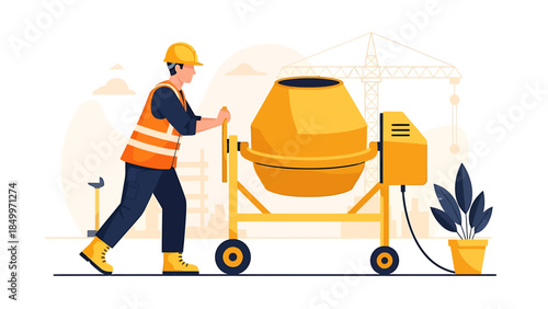 Construction worker operating a portable cement mixer machine.