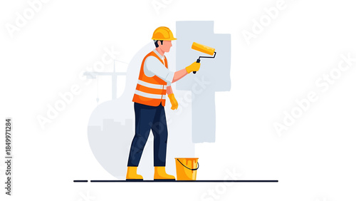 Construction worker painting wall with roller and bucket.