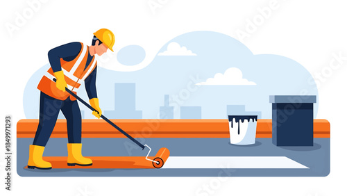 Construction worker painting road with roller tool.