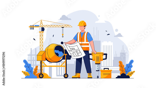 Construction worker reviewing blueprints at a building site.