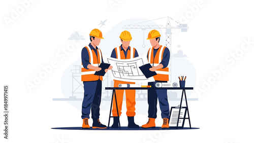 Three construction workers collaborating on blueprints at a table.