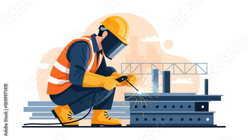 Skilled welder in protective gear performing metal fabrication.