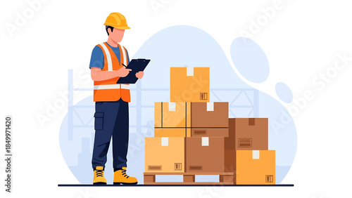 Warehouse worker in safety vest and hard hat checking inventory boxes.