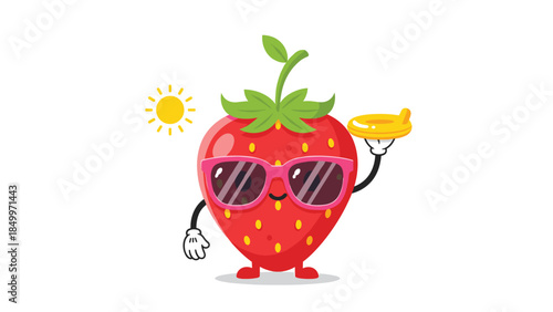 Cool strawberry character wearing sunglasses and holding a yellow ring, enjoying a sunny day, representing summer fun and healthy eating.
