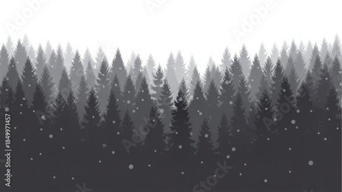 Gradient forest of dark and light grey pine trees with snowfall on white background, illustration
