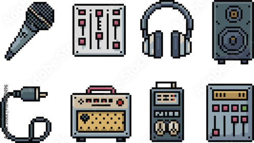 Pixel art music equipment icons set, microphone mixer headphones speaker amplifier audio devices, retro game style, isolated white background