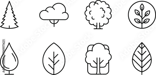 Set of black tree and leaf icons featuring various forest silhouettes including pine oak and botanical foliage isolated on white background thin line vector illustration 