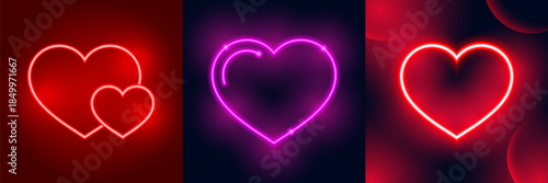 Collector of neon light heart icons. Glowing bright red and purple hearts neon sign. Elements valentine day festival design.