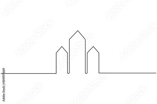 Single line drawing of a city skyline, representing urban landscape and architecture.