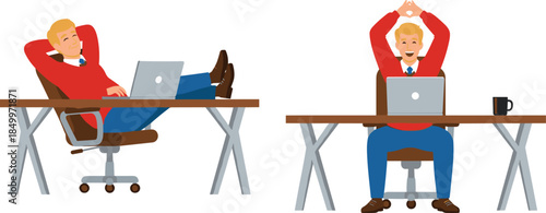 Modern office workers relaxing at desks with laptops, remote work lifestyle illustration, business comfort concept, productivity balance, casual workspace, digital job scene