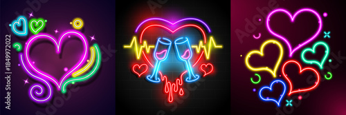 Set of neon light heart icons. Glowing bright red and purple hearts neon sign . Elements valentine day festival design.