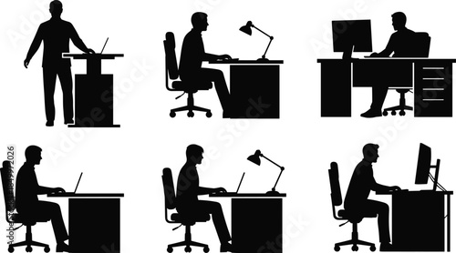 Office worker silhouettes at desks showing modern workplace productivity, business professionals using computers, laptops, standing desk, 