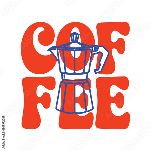 Coffee pot on of coffee text in orange and blue espresso brewing kitchen vector illustration on white background.