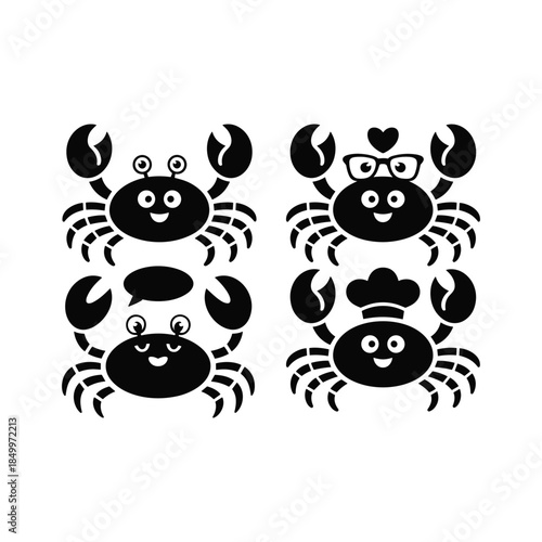 Four black crabs with different expressions and accessories on white background cartoon smiling.