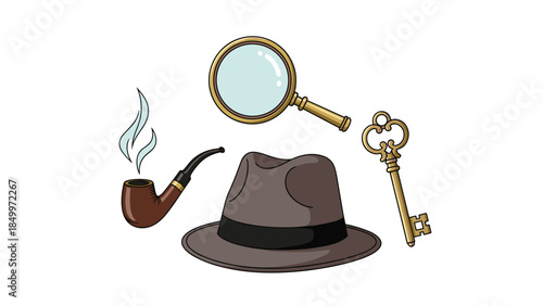 Classic detective tools including a magnifying glass, pipe, fedora hat, and ornate key suggest mystery and investigation.