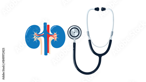 Illustration depicting human kidneys and a stethoscope symbolizes healthcare, medical examinations, and the importance of renal health.