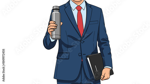 Professional businessman in a suit holds a reusable water bottle and a black folder, representing sustainability and corporate life.