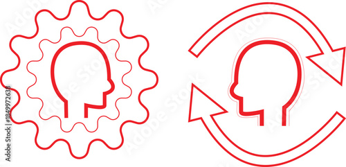 Interconnected gear and human head icons for innovation and feedback