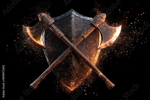 Crossed battle axes and shield with glowing fiery edges and erupting sparks