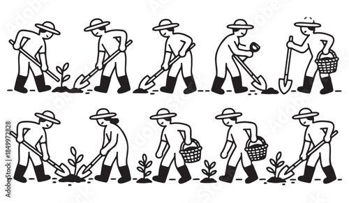Country people lowered in line for projects gardeners florists farmers flower growers and editable line drawings