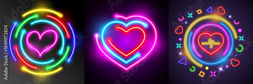Set of neon light heart icons. Glowing bright red and purple hearts neon sign . Elements valentine day festival design.
