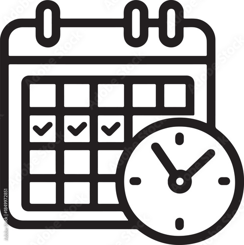 A simple icon of a calendar with days marked and a clock with hands showing the time silhouette vector illusration