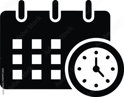A simple icon of a calendar with days marked and a clock with hands showing the time silhouette vector illusrations