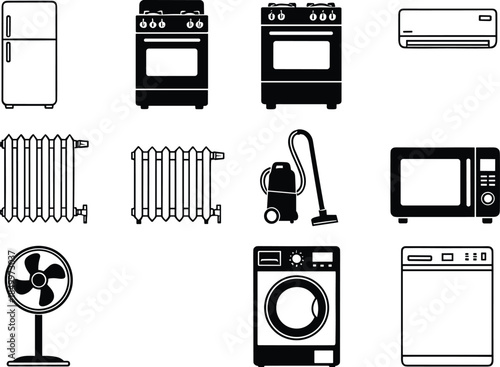 Set of black home appliance icons and silhouettes featuring refrigerator stove air conditioner radiator vacuum microwave fan washing machine and dishwasher isolated on white background 