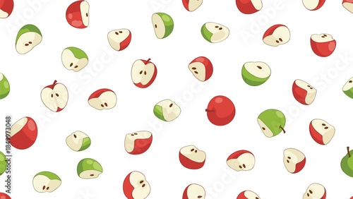 Seamless pattern of vibrant red and green apple slices and whole fruits creates a cheerful and fresh background for various designs.