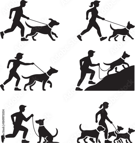 Dog Walking Silhouette Icon Set