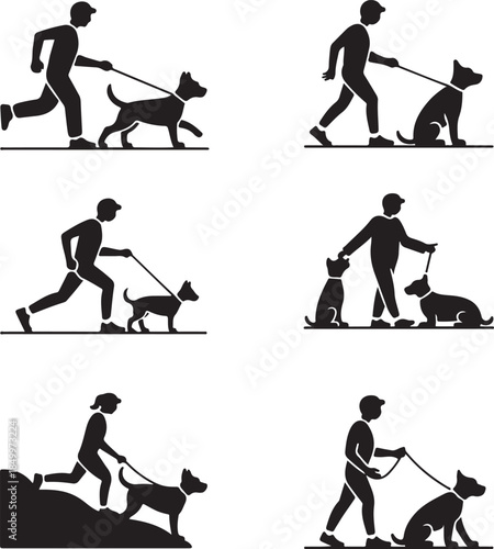 Dog Walking Silhouette Icon Set