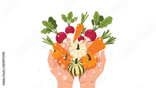 Hands gently hold a colorful harvest of root vegetables including radishes, carrots, and pumpkins, symbolizing autumn abundance.