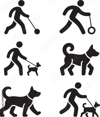 Dog Walking Silhouette Icon Set